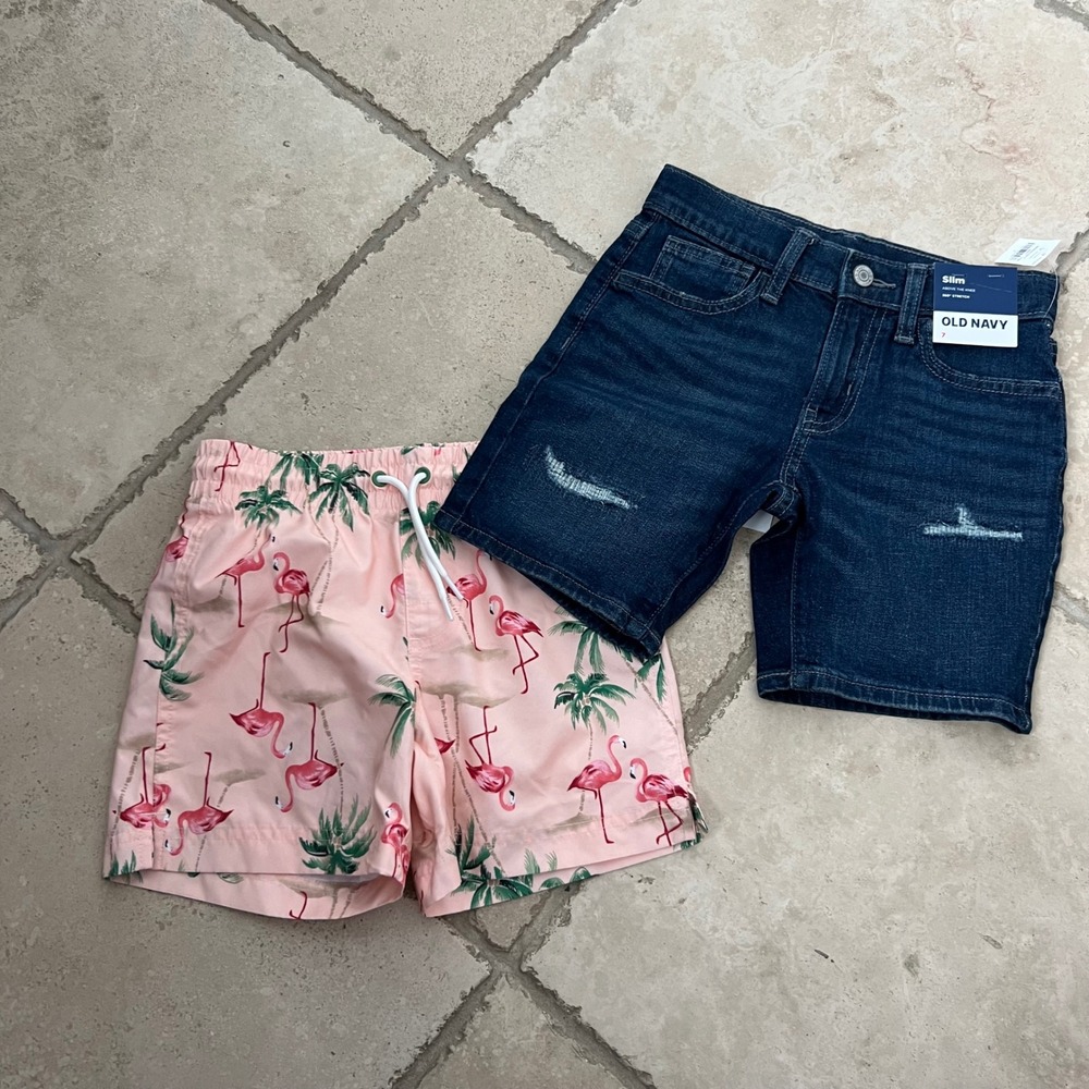 NWT Old Navy Boy 6-7 Shorts Bundle Slim Denim Stretch &‎ Flamingo Swim Trunks